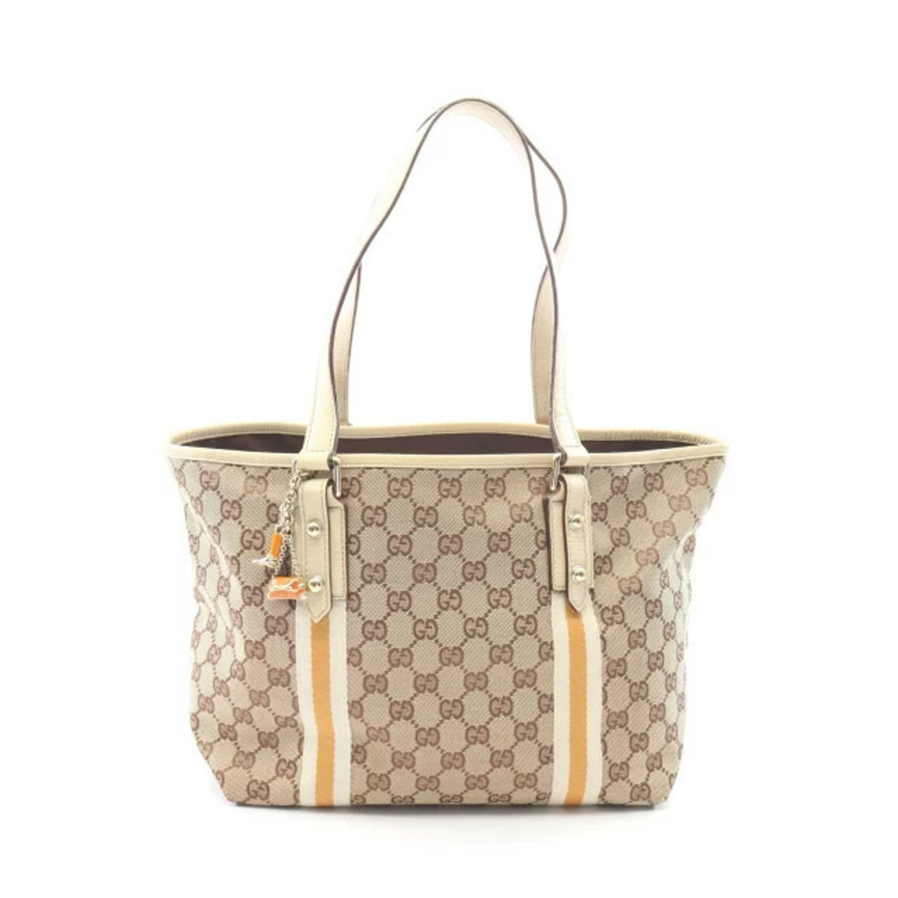 Gucci GG Canvas Sherry Tote Bag Leather Beige Cream Ivory White Orange